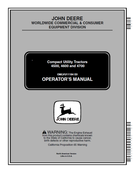 John Deere 4500, 4600 and 4700 Compact Utility Tractors Operator Manual OMLVU11184 PDF