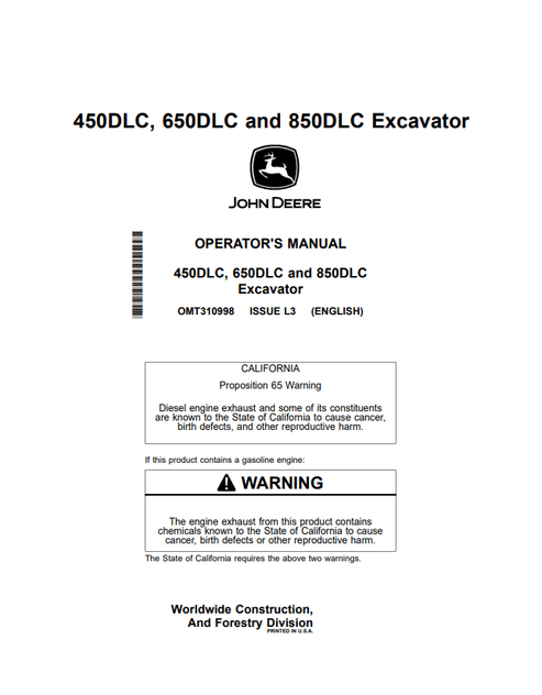 John Deere 450DLC 650DLC 850DLC Excavator Manual OMT310998