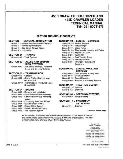 John Deere 450D Crawler Bulldozer 455D Crawler Loader Technical Manual TM1291