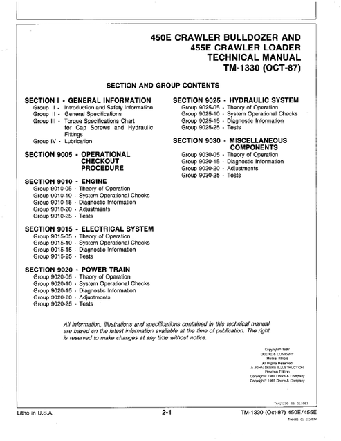 John Deere 450E Bulldozer & 455E Loader Test Manual