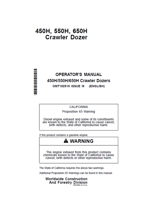 John Deere 450H 550H 650H Crawler Dozer Operator Manual OMT182515