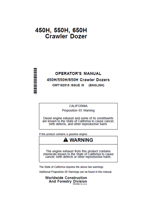 John Deere 450H/550H/650H Crawler Dozers Operator Manual OMT182515 PDF