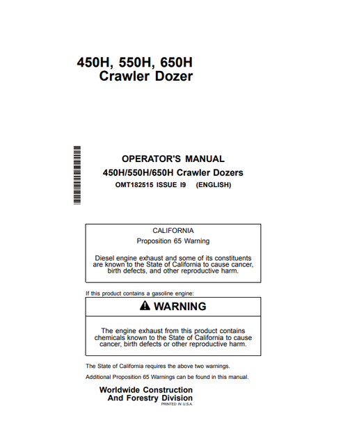 John Deere 450H, 550H & 650H Crawler Dozer Operator Manual OMT182515