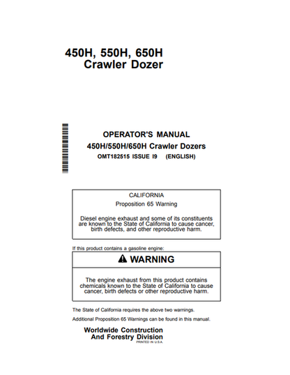 John Deere 450H, 550H & 650H Crawler Dozer Operator Manual OMT182515