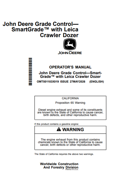 John Deere 450 P, 550 P, 650 P, 700 P, 750 P, 850 P, 850 X Crawler Dozer Operator Manual OMT501183X019