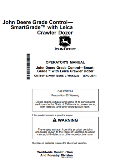 John Deere 450 P, 550 P, 650 P, 700 P, 750 P, 850 P, 850 X Crawler Dozer Operator Manual OMT501183X019