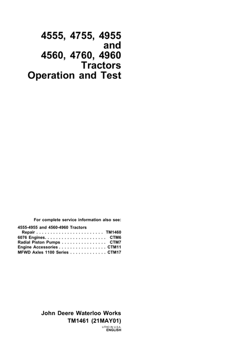 John Deere 4555, 4755, 4955, 4560, 4760 & 4960 Operation Test Manual