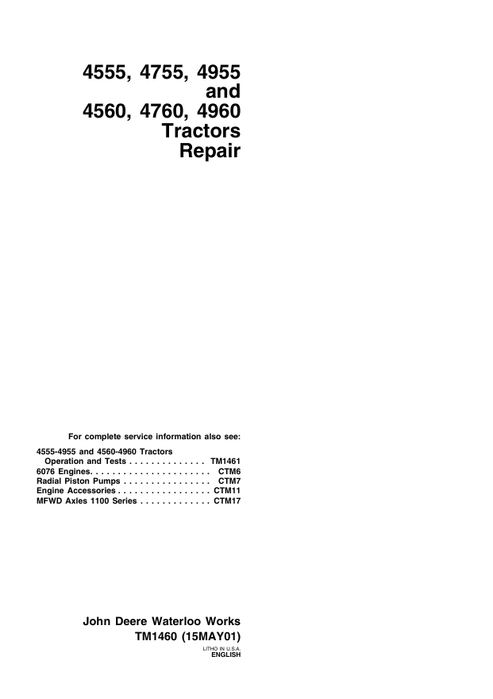 John Deere 4555 4755 4955 4560 4760 4960 Repair Manual TM1460