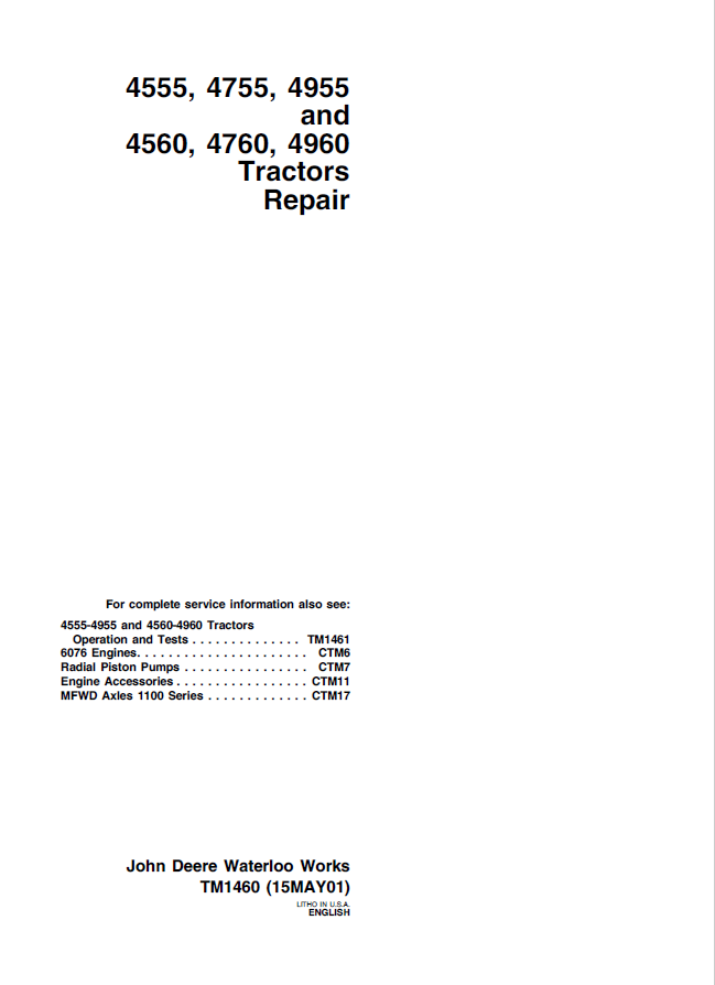 John Deere 4555, 4755, 4955, 4560, 4760, 4960 Tractor Repair Manual TM1460