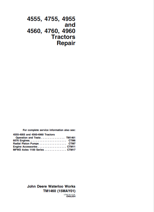 John Deere 4555, 4755, 4955, 4560, 4760, 4960 Tractor Repair Manual TM1460