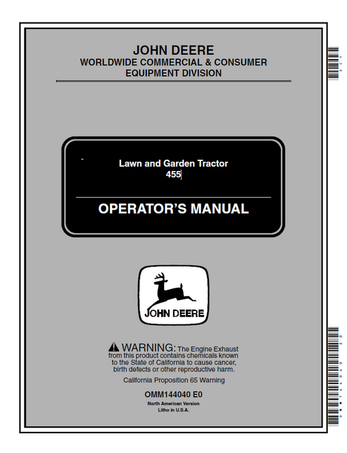 John Deere 455 Lawn and Garden Tractor Operator Manual OMM144040