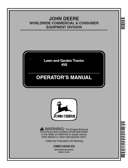 John Deere 455 Lawn and Garden Tractor Operator Manual OMM144040