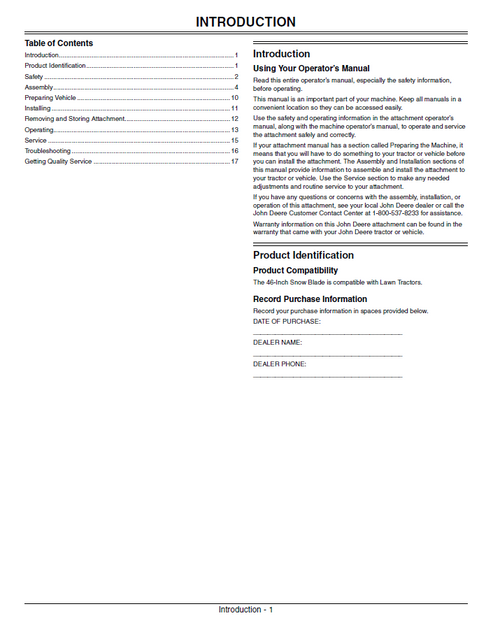 John Deere 46-Inch Snow Blade Attachment Operator Manual PDF