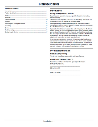 John Deere 46-Inch Snow Blade Attachment Operator Manual PDF