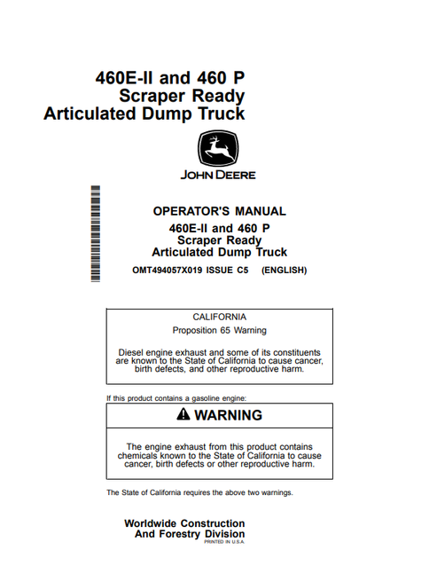 John Deere 460E-II & 460P Scraper Ready Dump Truck Manual
