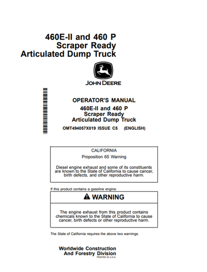 John Deere 460E-II & 460P Scraper Ready Dump Truck Manual