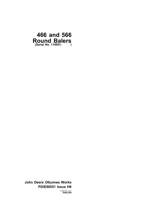 John Deere 466, 566R Round Baler Pre Delivery Instruction Manual