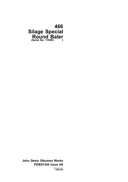 John Deere 466 Silage Special Round Baler Pre Delivery Instruction Manual
