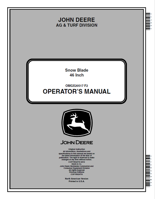 John Deere 46 Inch Snow Blade Operator Manual OMGX20517 PDF 