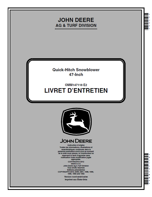 John Deere 47-Inch Quick-Hitch Snowblower Operator Manual OMM147118