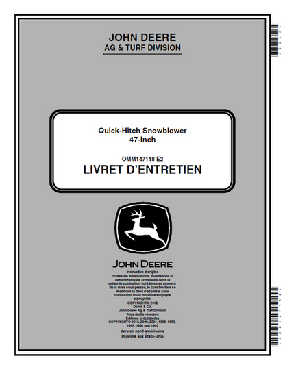 John Deere 47-Inch Quick-Hitch Snowblower Operator Manual OMM147118