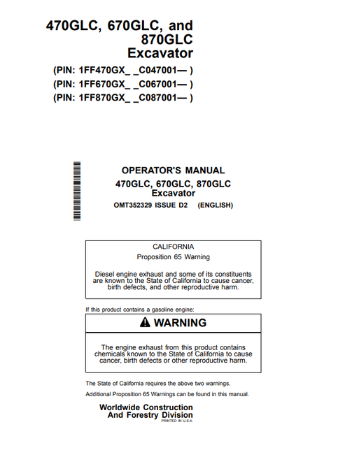 John Deere 470GLC 670GLC 870GLC Excavator Operator Manual PDF