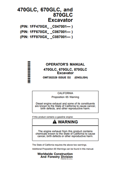 John Deere 470GLC 670GLC 870GLC Excavator Operator Manual PDF