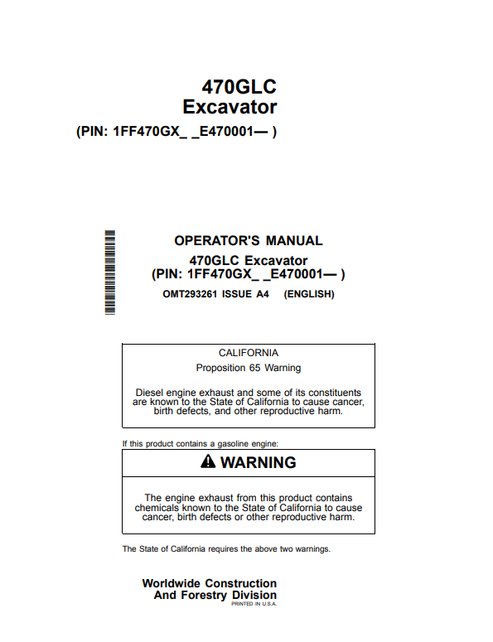John Deere 470GLC Excavator Operator Manual OMT293261