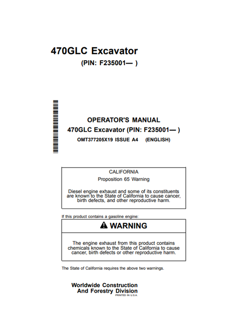 John Deere 470GLC Excavator Operator Manual OMT377205X19
