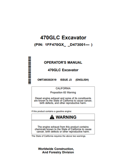 John Deere 470GLC Excavator Operator Manual OMT385302X19