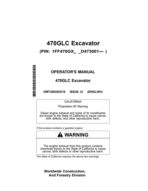 John Deere 470GLC Excavator Operator Manual OMT385302X19