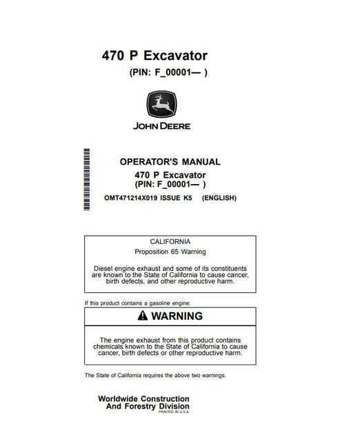John Deere 470 P Excavator Operator & Maintenance Manual OMT471214X019