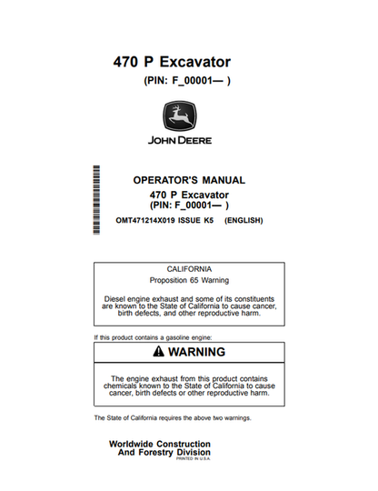 John Deere 470 P Excavator Operator & Maintenance Manual OMT471214X019