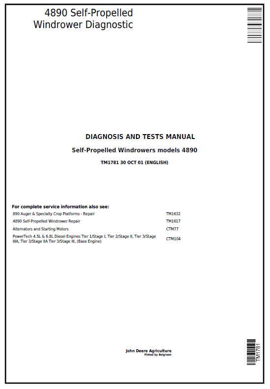 John Deere 4890 Self-Propelled Windrower Diagnosis and Tests Manual TM1781 PDF