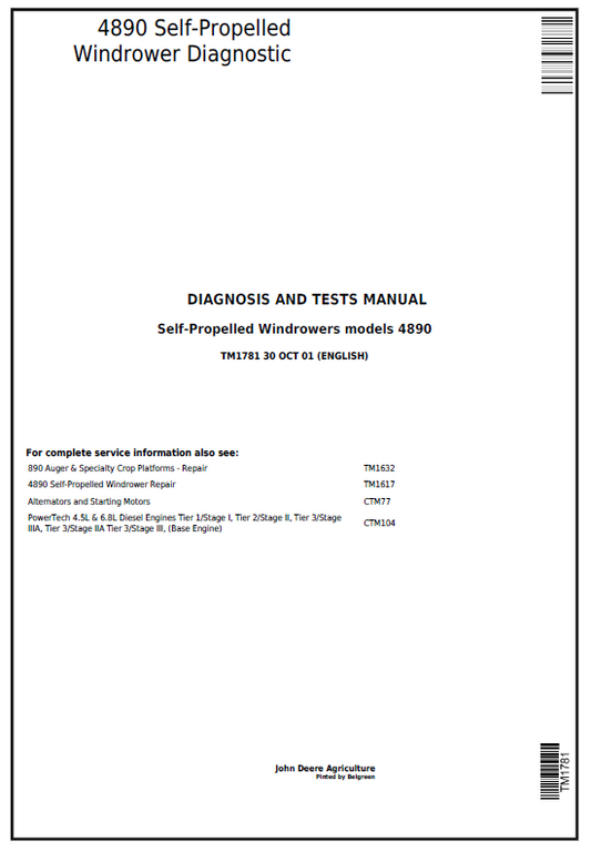 John Deere 4890 Self-Propelled Windrower Diagnosis and Tests Manual TM1781 PDF