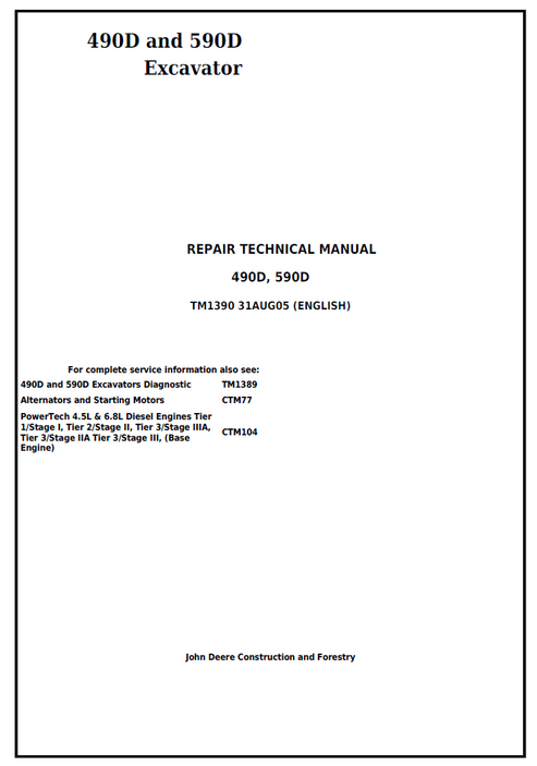 John Deere 490D 590D Excavator Repair Technical Manual TM1390