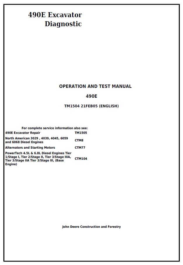 John Deere 490E Excavator Diagnostic Operation and Test Manual TM1504 PDF
