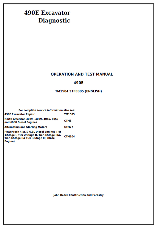 John Deere 490E Excavator Diagnostic Operation and Test Manual TM1504 PDF