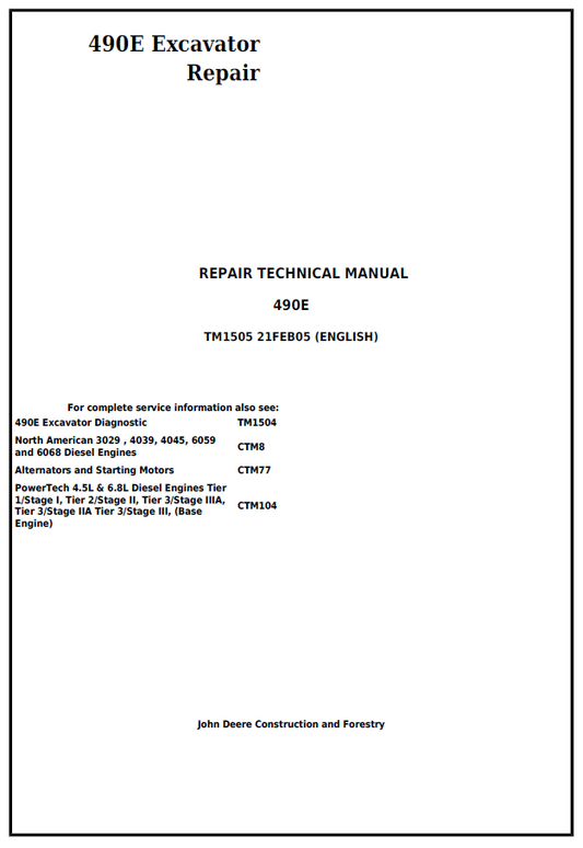 John Deere 490E Excavator Repair Technical Manual TM1505 PDF
