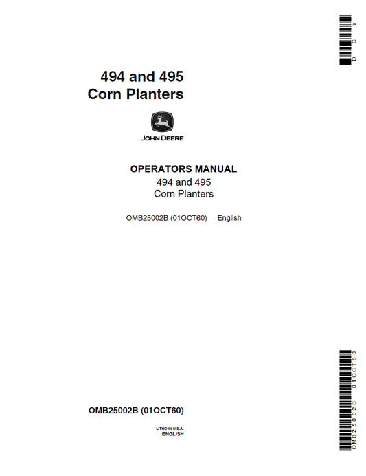 John Deere 494 and 495 Corn Planters Operator Manual OMB25002B PDF