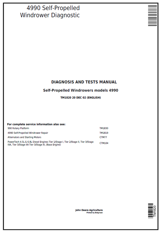 John Deere 4990 Self-Propelled Windrower Diagnosis and Test Manual TM1820 PDF