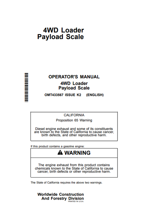 John Deere 4WD Loader Payload Scale Operator Manual OMT433567