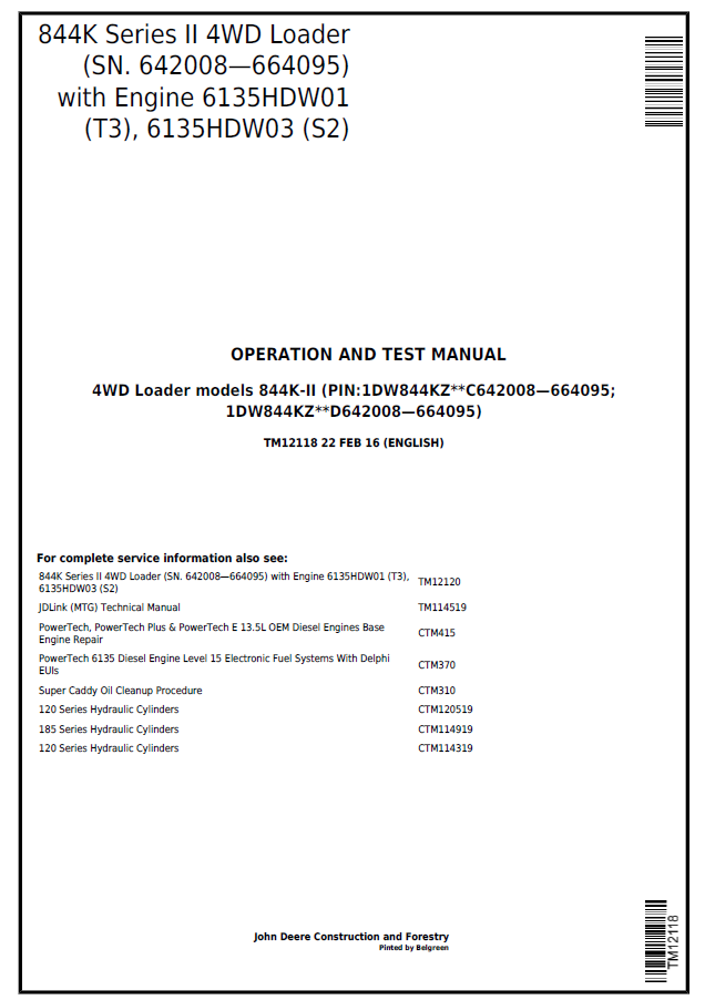 John Deere 4WD Loader models 844K-II Operation and Test Manual TM12118 PDF