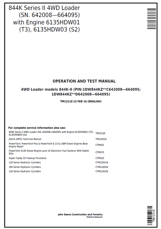 John Deere 4WD Loader models 844K-II Operation and Test Manual TM12118 PDF