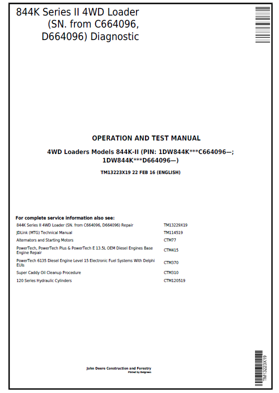 John Deere 4WD Loaders Models 844K-II Diagnostic Operation and Test  Manual TM13223X19 PDF