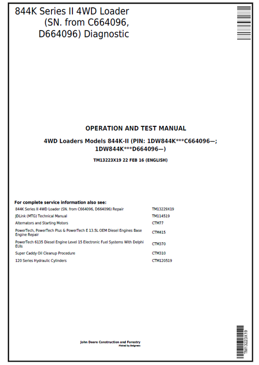 John Deere 4WD Loaders Models 844K-II Diagnostic Operation and Test  Manual TM13223X19 PDF