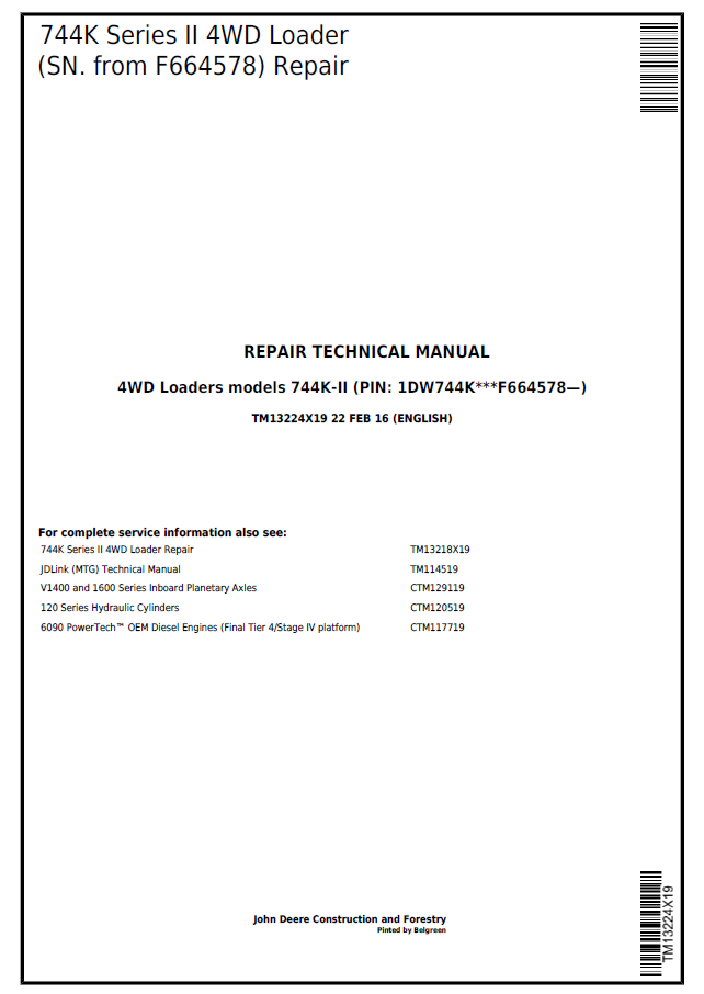 John Deere 4WD Loaders models 744K-II Repair Technical Manual TM13224X19 PDF