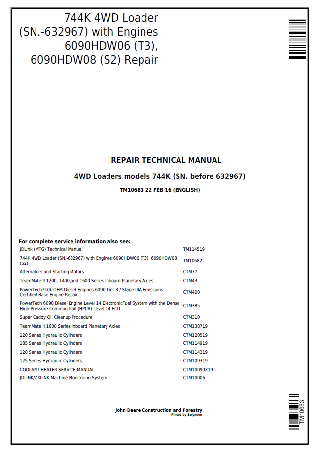 John Deere 4WD Loaders models 744K Repair Technical Manual TM10683 PDF