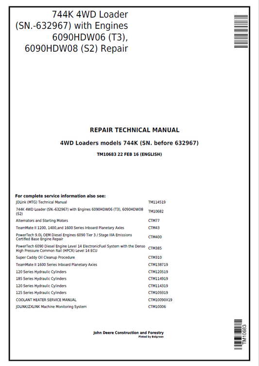 John Deere 4WD Loaders models 744K Repair Technical Manual TM10683 PDF