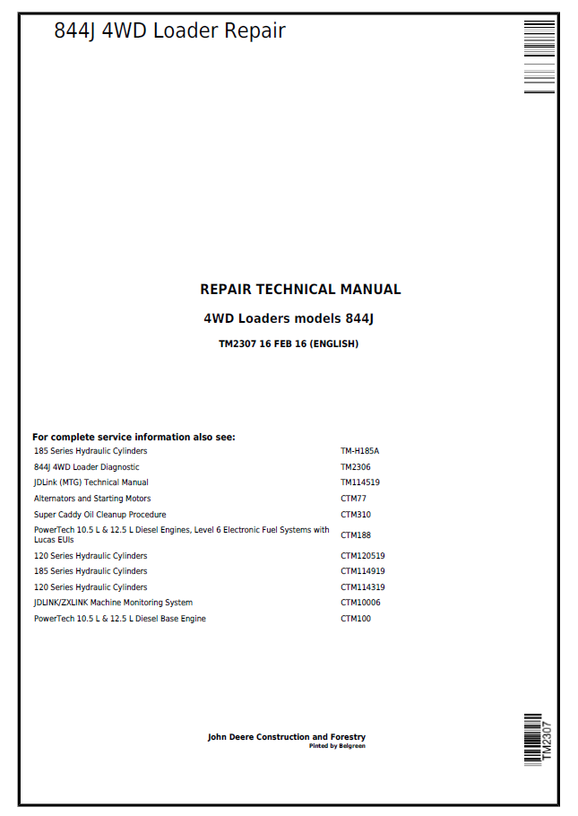John Deere 4WD Loaders models 844J Repair Technical Manual TM2307 PDF 